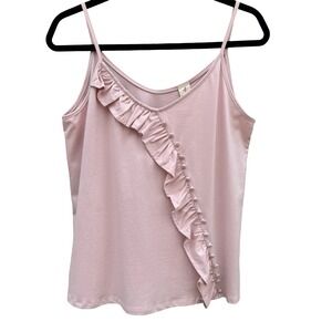 IJOAH‎ Womens Pink Ruffle Button Front Cotton Cami Tank Top T16513 Small NEW
